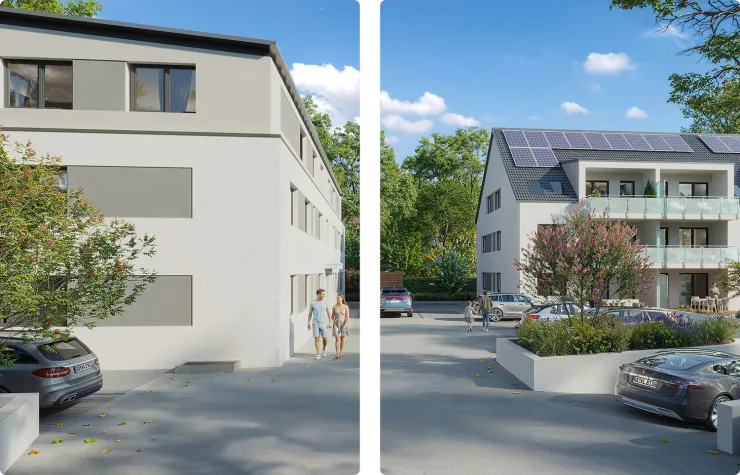 Architekturvisualisierungen moderner Mehrfamilienhäuser mit heller Fassade, Balkonen und Solaranlage