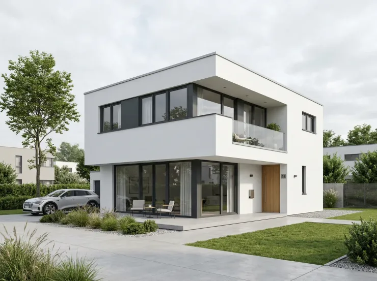 Modernes Einfamilienhaus mit weißer Fassade und großen Fensterflächen bei Tageslicht, 3D-Architekturvisualisierung