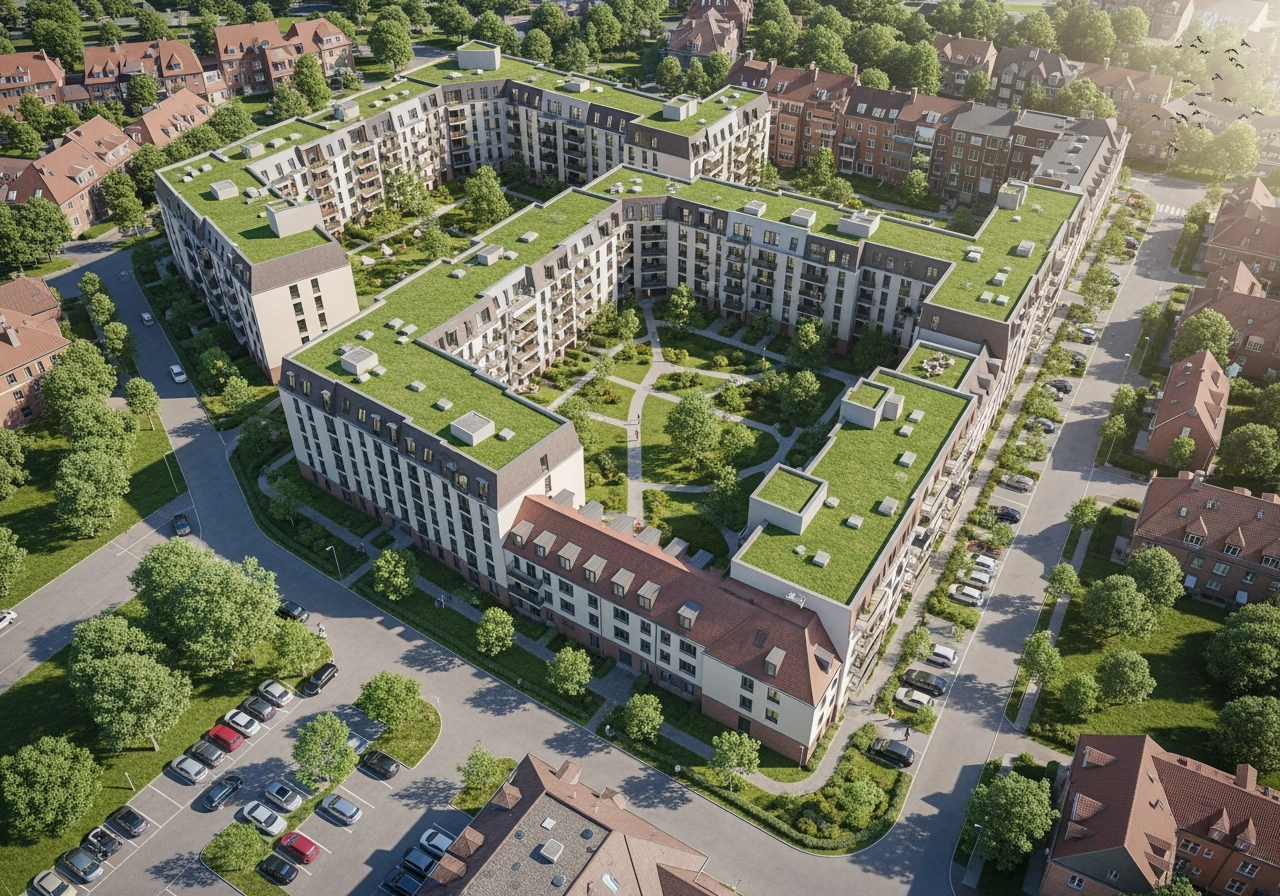Aerial view neubau wohnquartier deutschland 3d visualisierung – Architekturentwürfe & Wettbewerbe