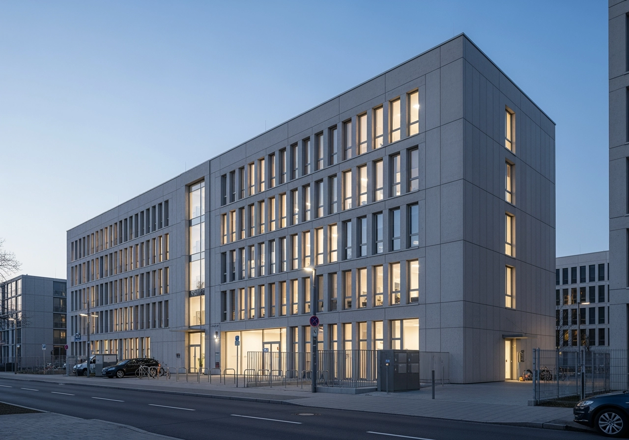 Abendaufnahme moderner deutscher buero komplex architekturvisualisierung – Gewerbeimmobilien