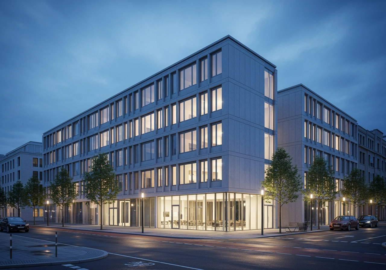 Gewerbeimmobilie moderner buero komplex blauer stunde 3d rendering – Gewerbeimmobilien
