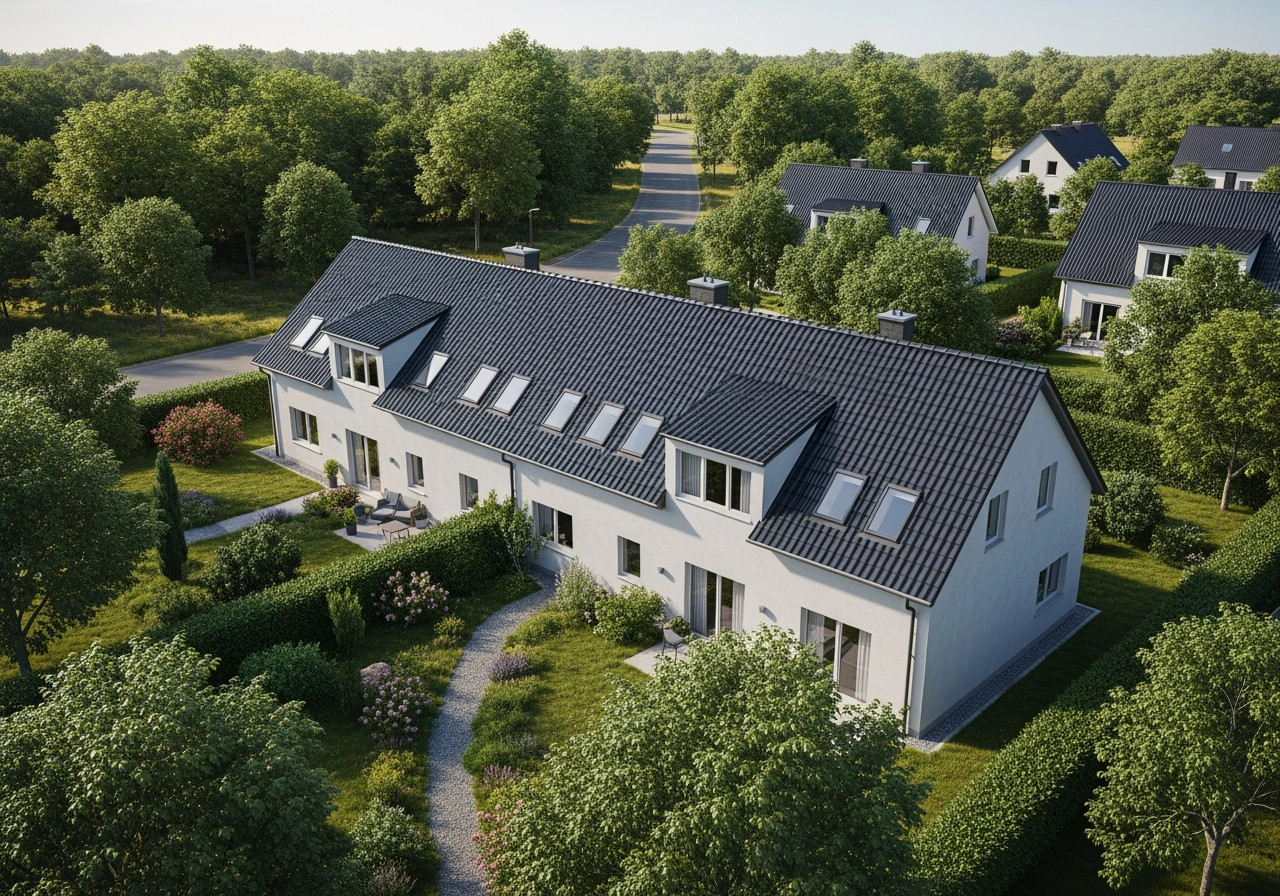 Aerial view reihenhaus siedlung deutschland 3d visualisierung – Immobilienmarketing & Exposés