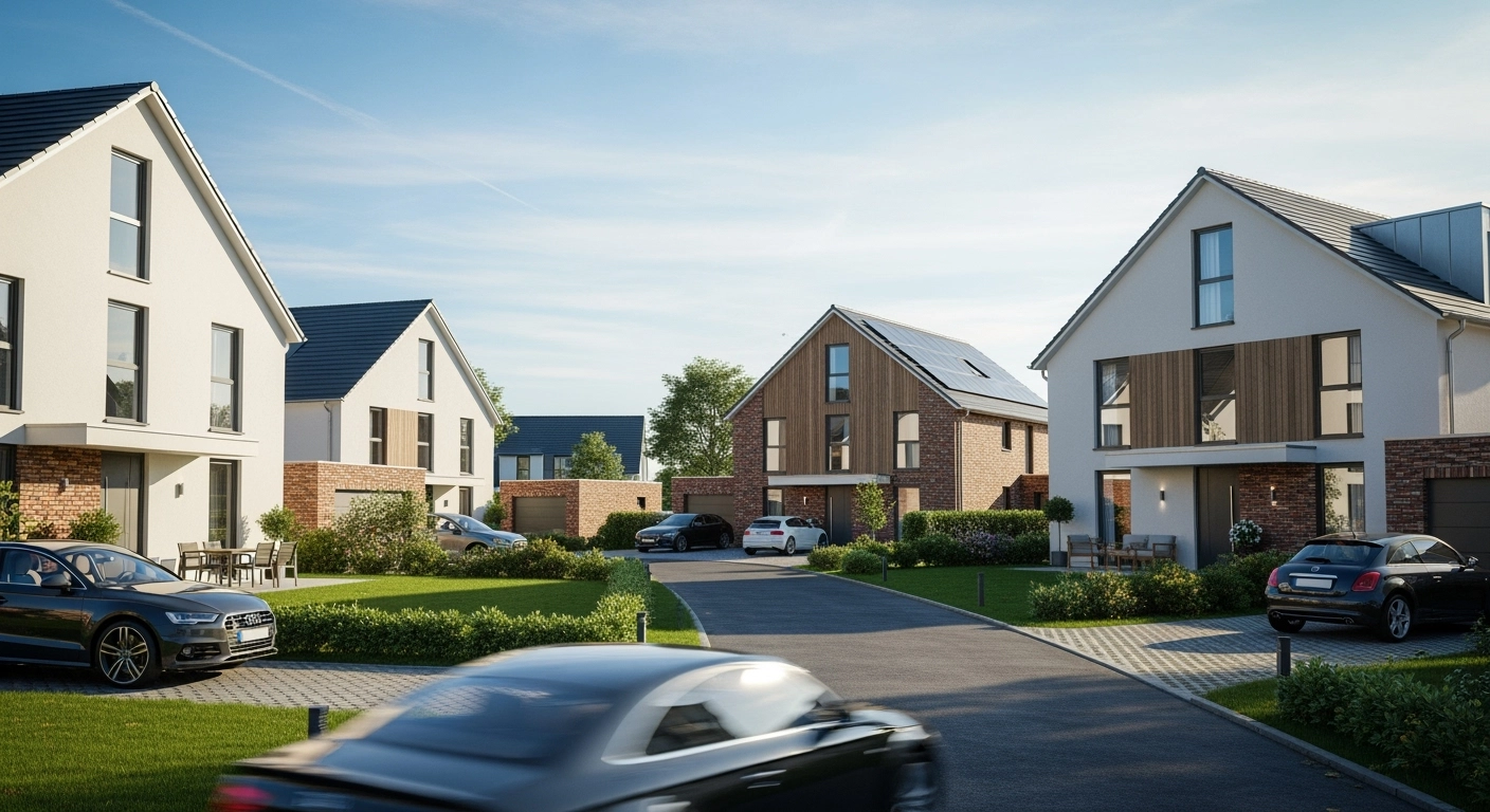 Neubau wohnquartier reihenhaeuser 3d rendering – Neubauimmobilien