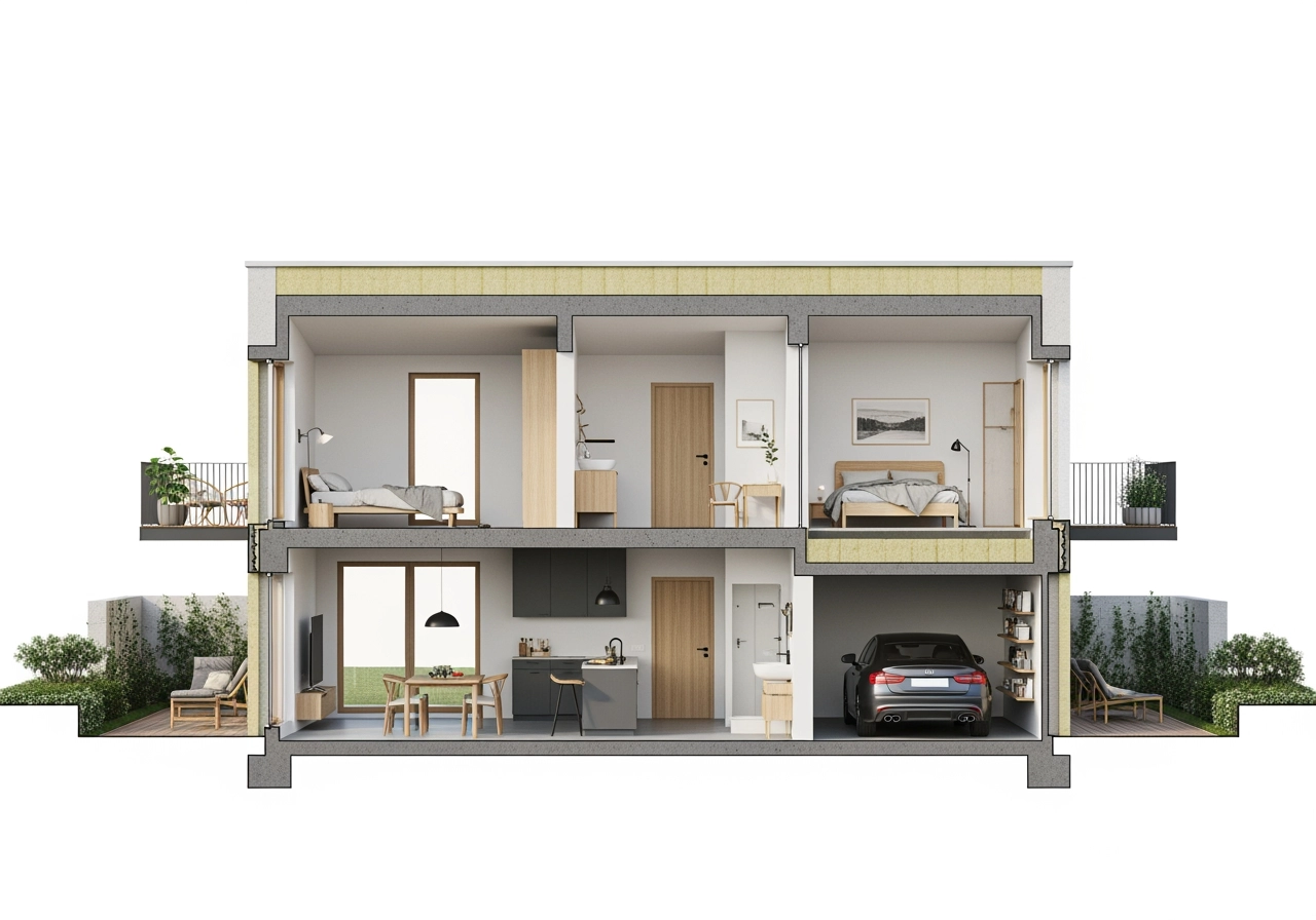 Gebaeudeschnitt einfamilienhaus modern 2 etagen 3d visualisierung – Schnittvisualisierungen