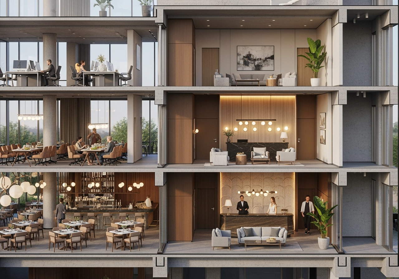 Gebaeudeschnitt grosses gebaeude mixed use architekturvisualisierung – Schnittvisualisierungen