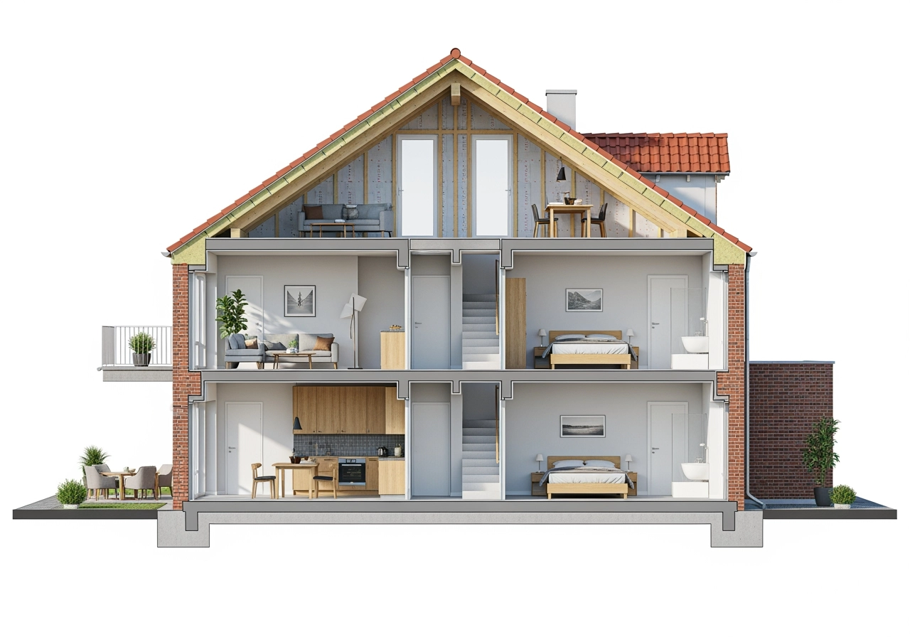 Gebaeudeschnitt mehrfamilienhaus 3 4 etagen 3d rendering – Schnittvisualisierungen