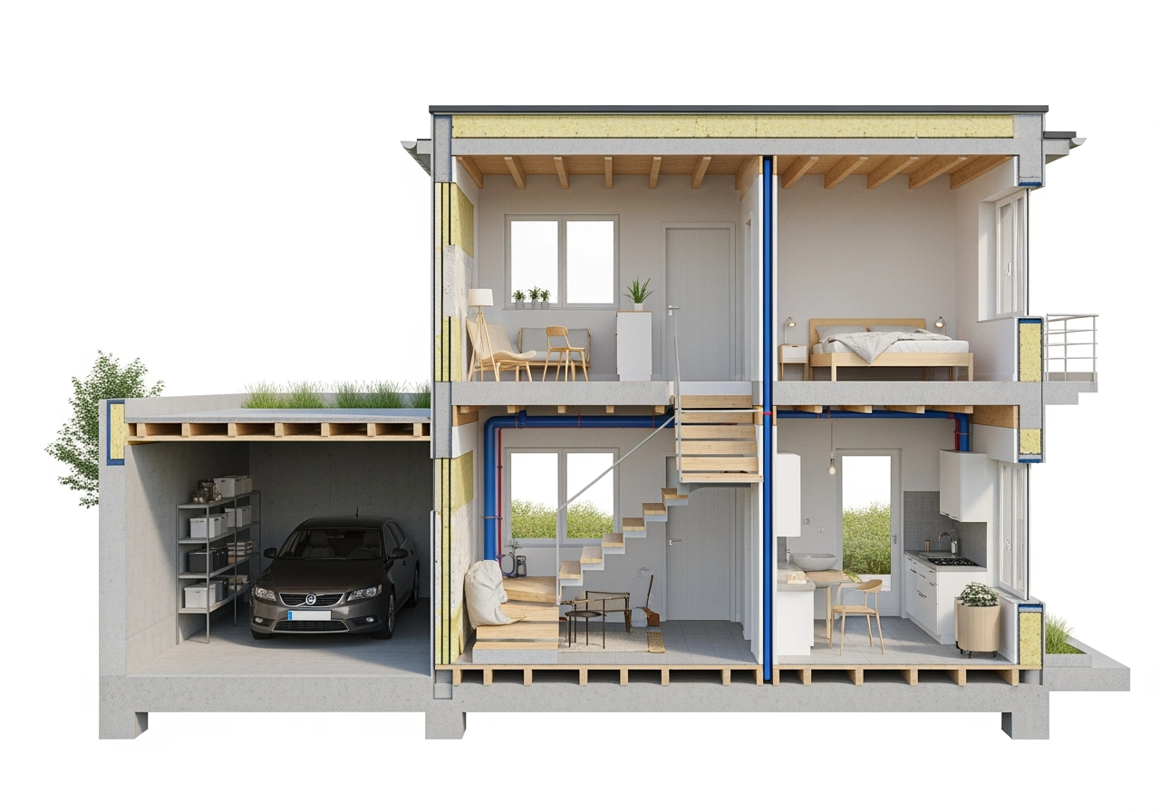 Vertikalschnitt modernhaus mit carport 3d visualisierung – Schnittvisualisierungen