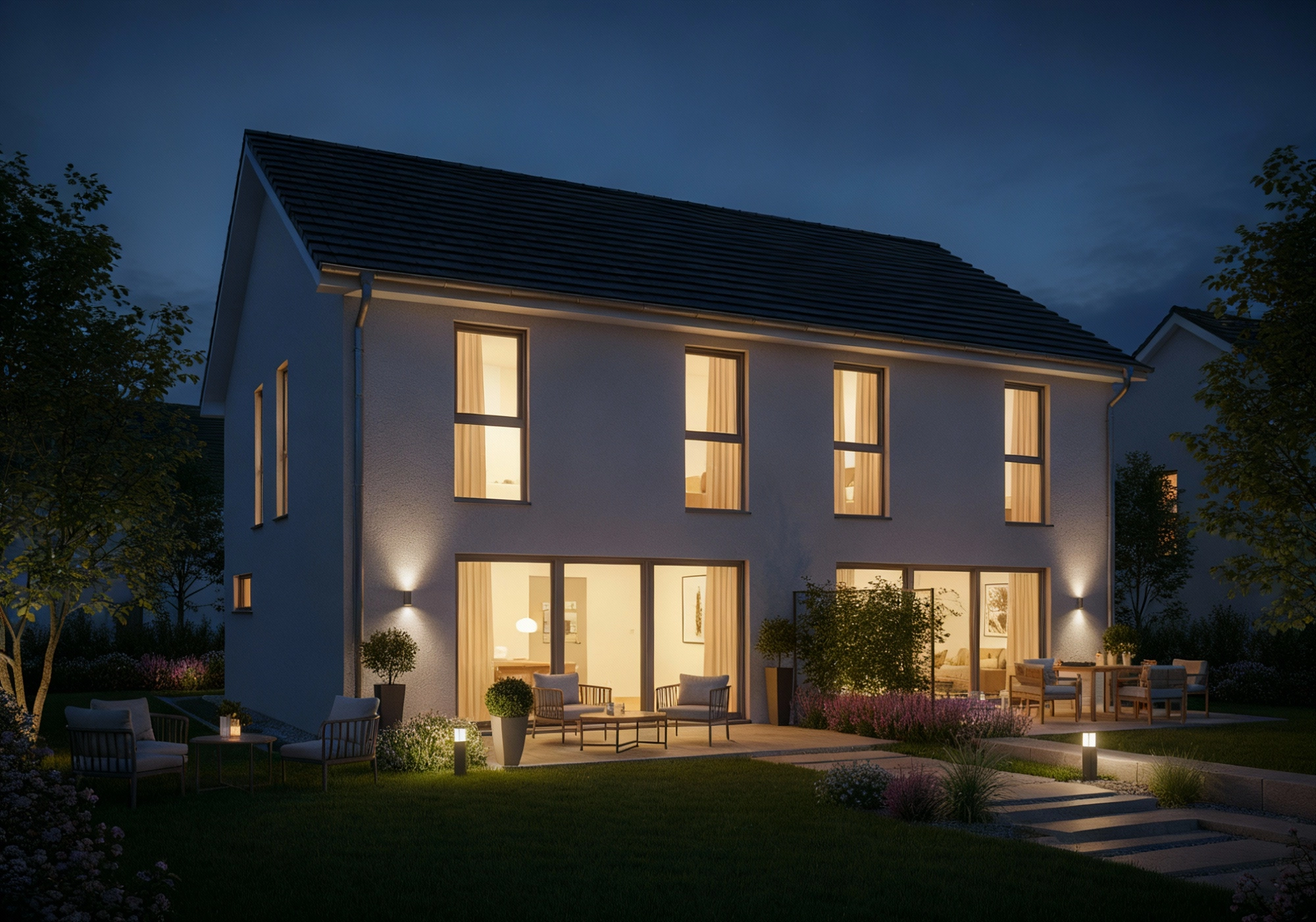 Nighttime rear view of a modern german singlefamil – Stimmungsbilder