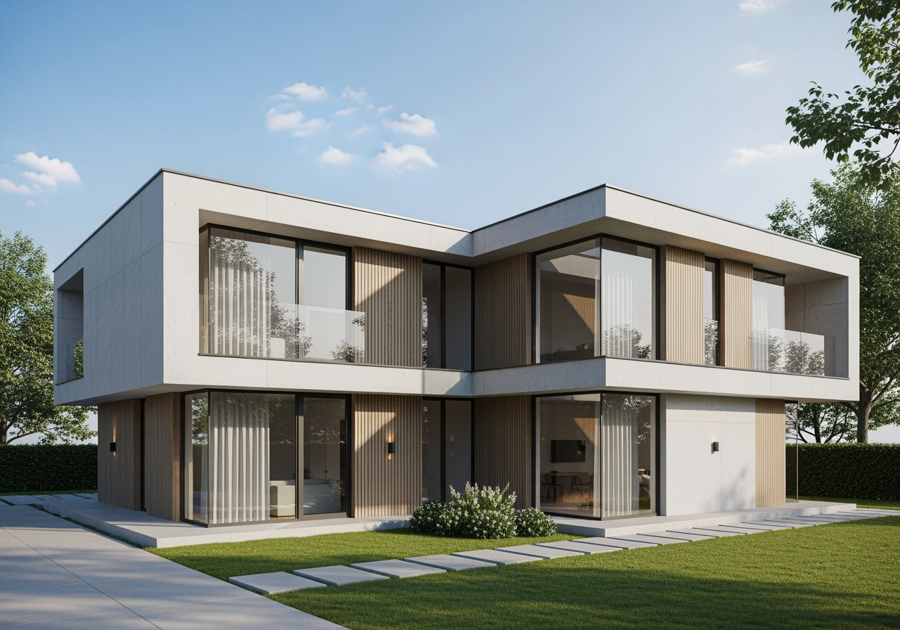 Modernes einfamilienhaus neubau zweistock architekturvisualisierung – Titelbilder & Key Visuals
