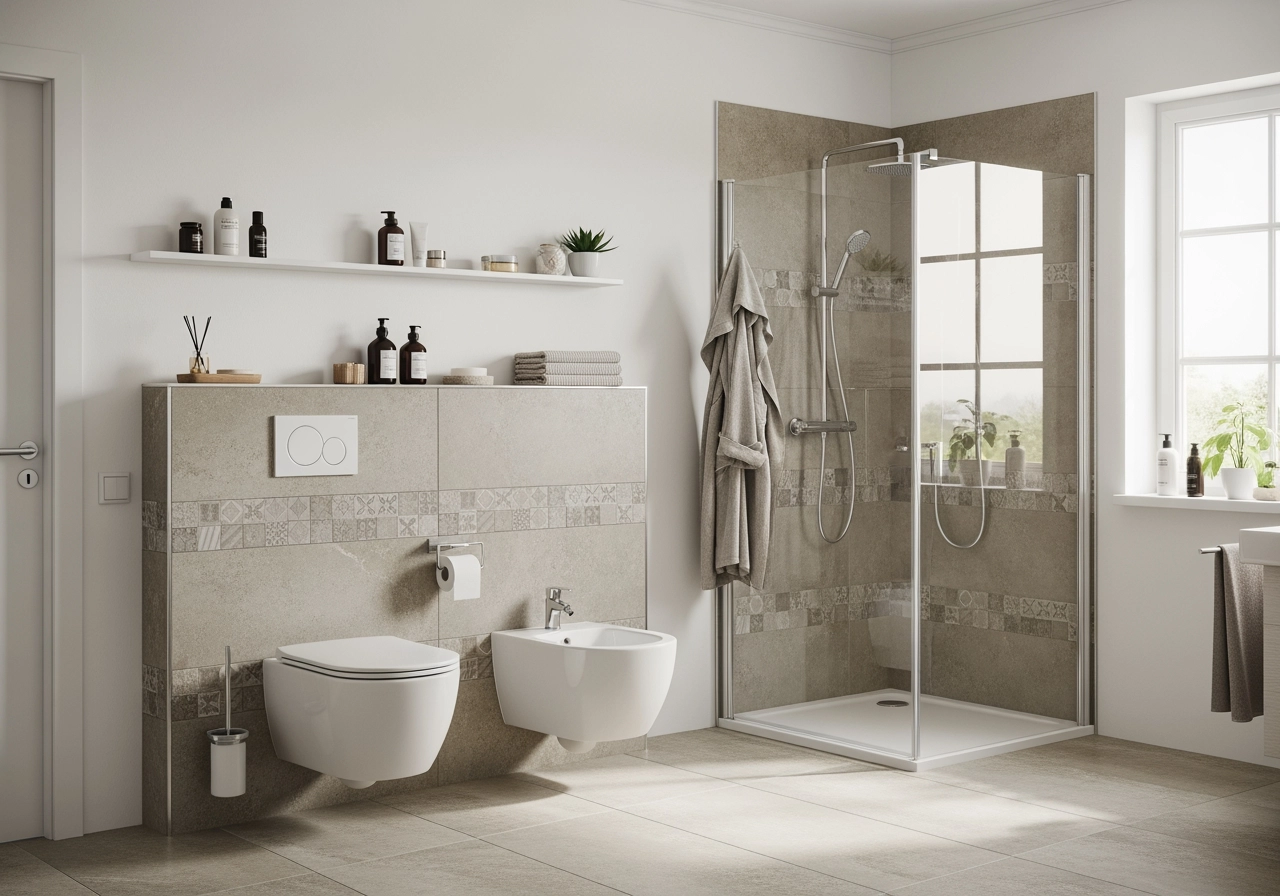 Modernes badezimmer walk in dusche 3d rendering – Bad- & Wellnessräume