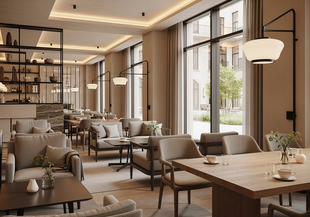 Hotel lounge innenvisualisierung modern panorama – Hotel- & Gastronomiebereiche