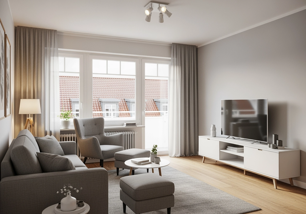 Modernes wohnzimmer deutsche musterwohnung 3d rendering – Wohnräume & Musterwohnungen