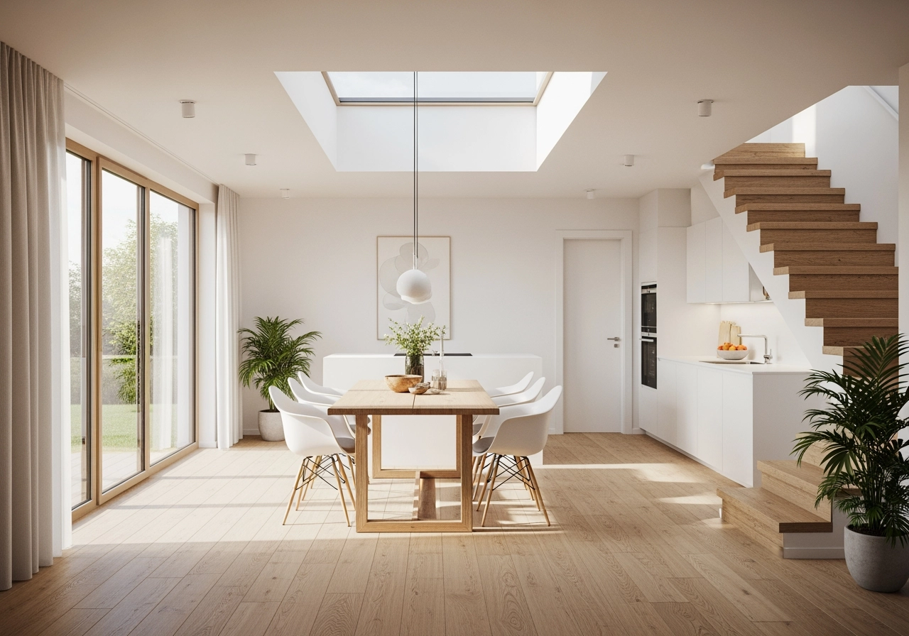 Offener wohn und essbereich musterwohnung architekturvisualisierung – Wohnräume & Musterwohnungen