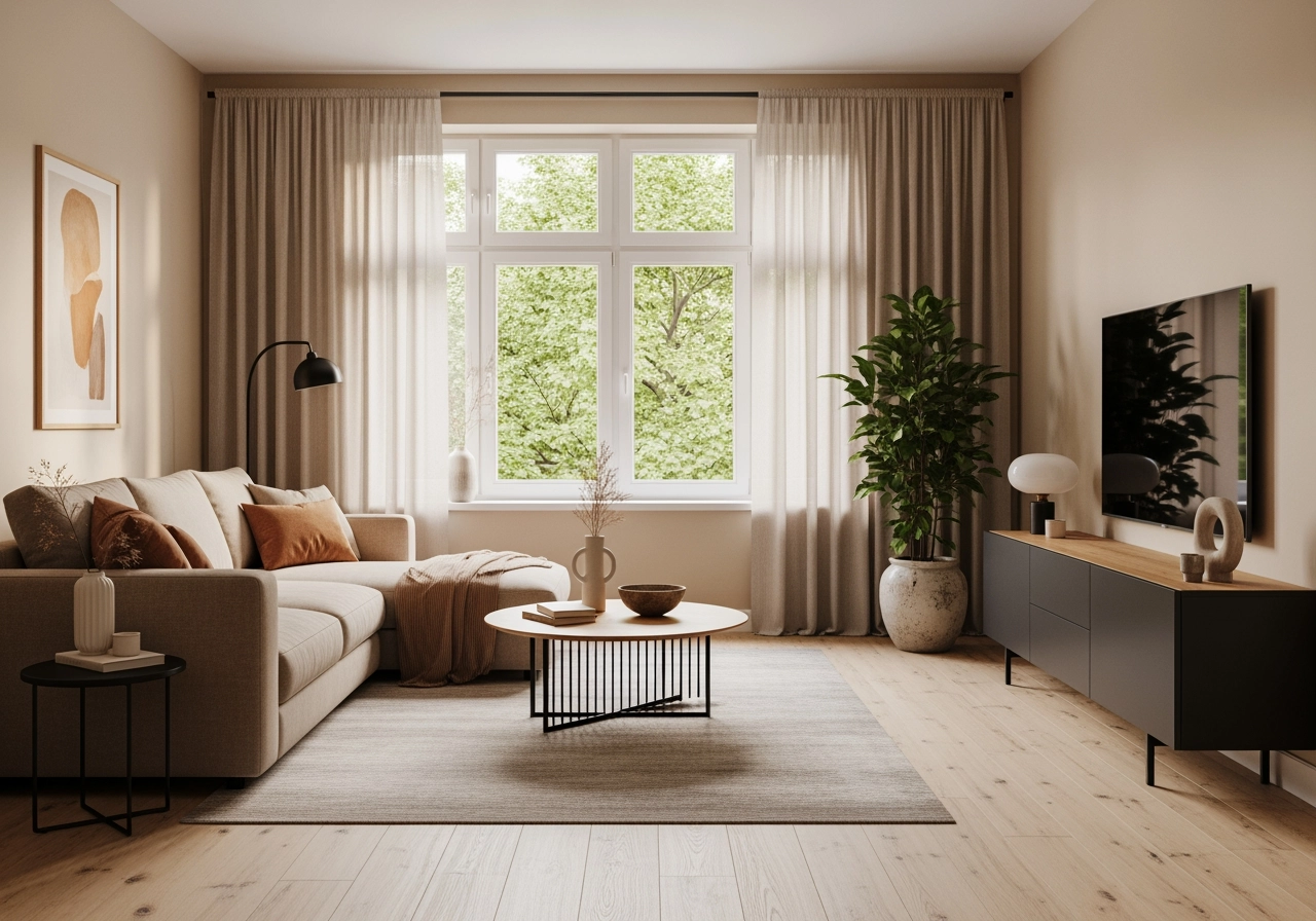Warm skandinavisches wohnzimmer innendesign 3d rendering – Wohnräume & Musterwohnungen